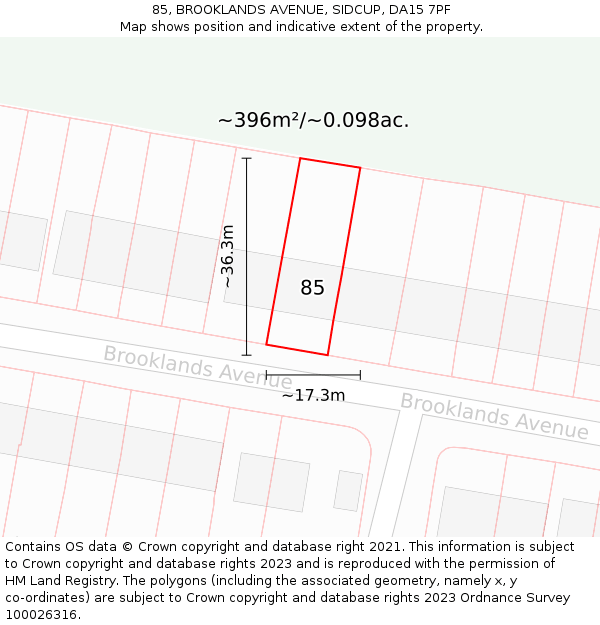 85, BROOKLANDS AVENUE, SIDCUP, DA15 7PF: Plot and title map