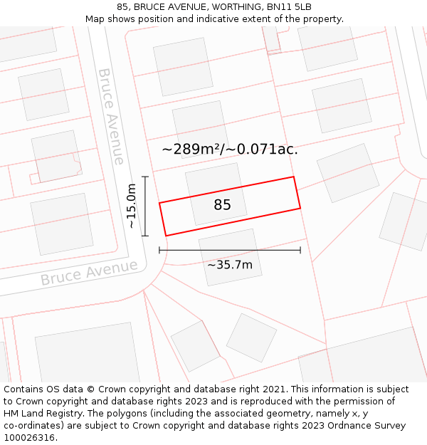 85, BRUCE AVENUE, WORTHING, BN11 5LB: Plot and title map