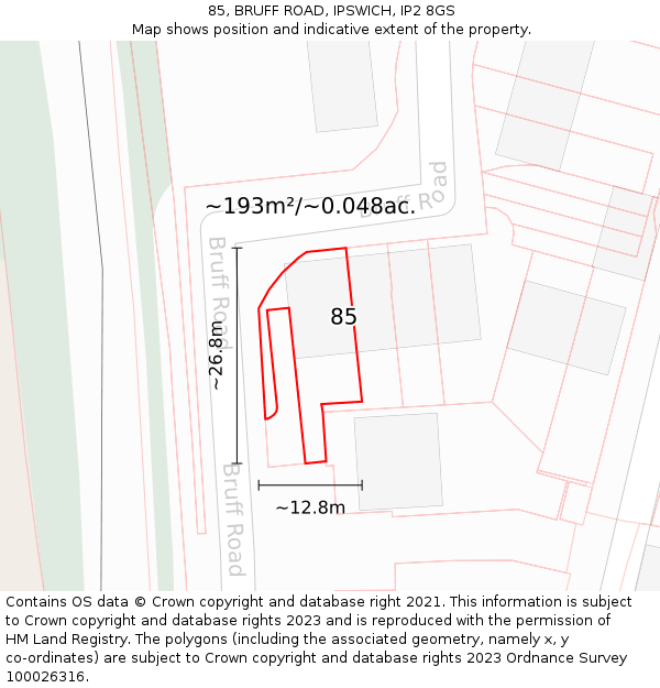 85, BRUFF ROAD, IPSWICH, IP2 8GS: Plot and title map