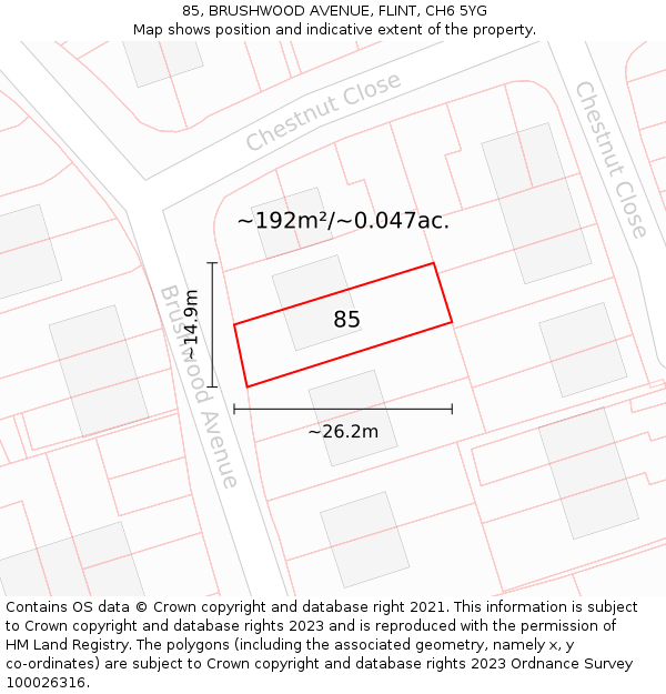 85, BRUSHWOOD AVENUE, FLINT, CH6 5YG: Plot and title map
