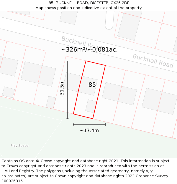 85, BUCKNELL ROAD, BICESTER, OX26 2DF: Plot and title map