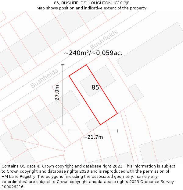 85, BUSHFIELDS, LOUGHTON, IG10 3JR: Plot and title map