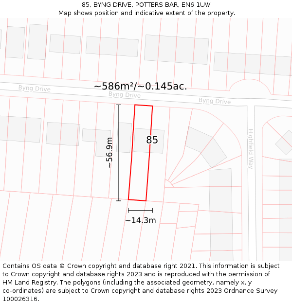85, BYNG DRIVE, POTTERS BAR, EN6 1UW: Plot and title map