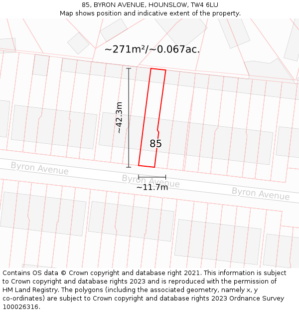85, BYRON AVENUE, HOUNSLOW, TW4 6LU: Plot and title map