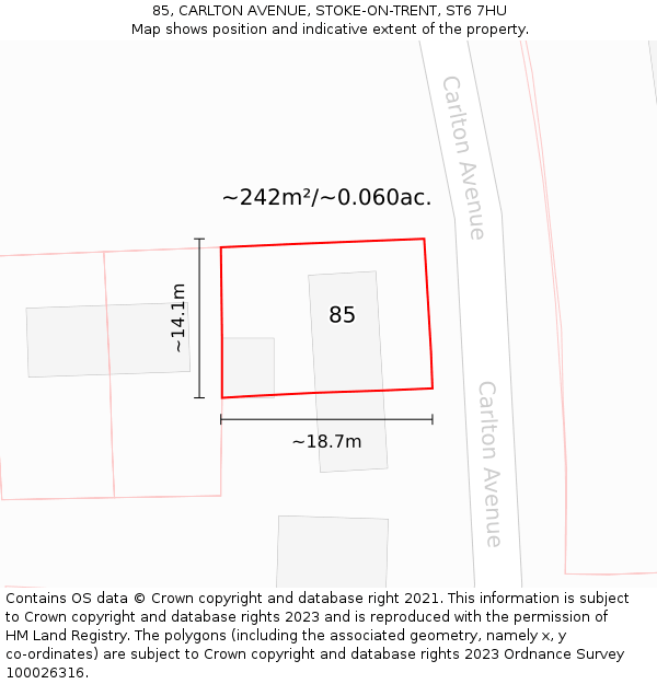 85, CARLTON AVENUE, STOKE-ON-TRENT, ST6 7HU: Plot and title map