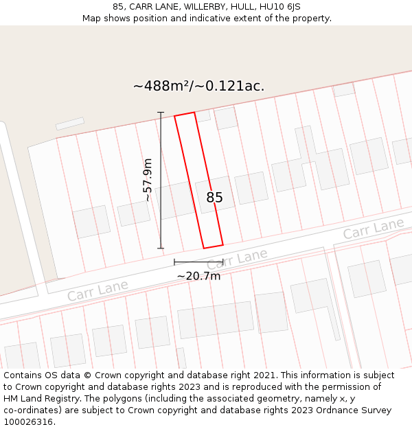 85, CARR LANE, WILLERBY, HULL, HU10 6JS: Plot and title map