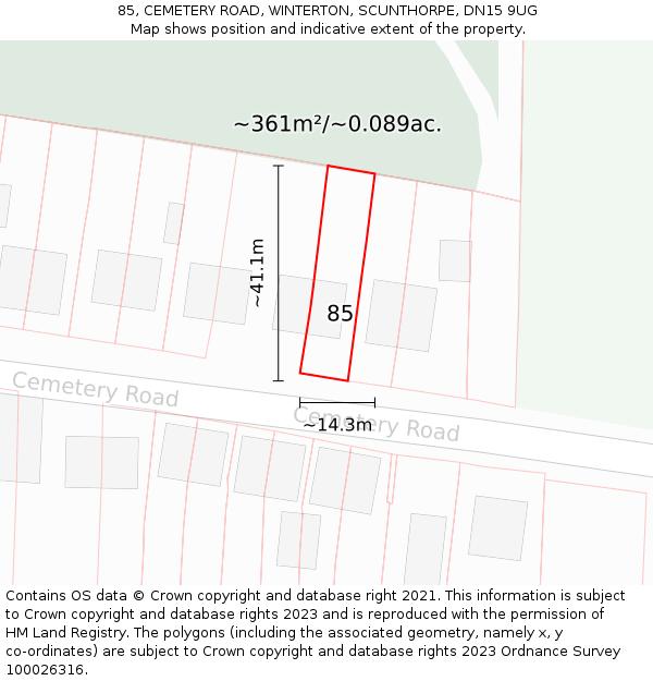 85, CEMETERY ROAD, WINTERTON, SCUNTHORPE, DN15 9UG: Plot and title map