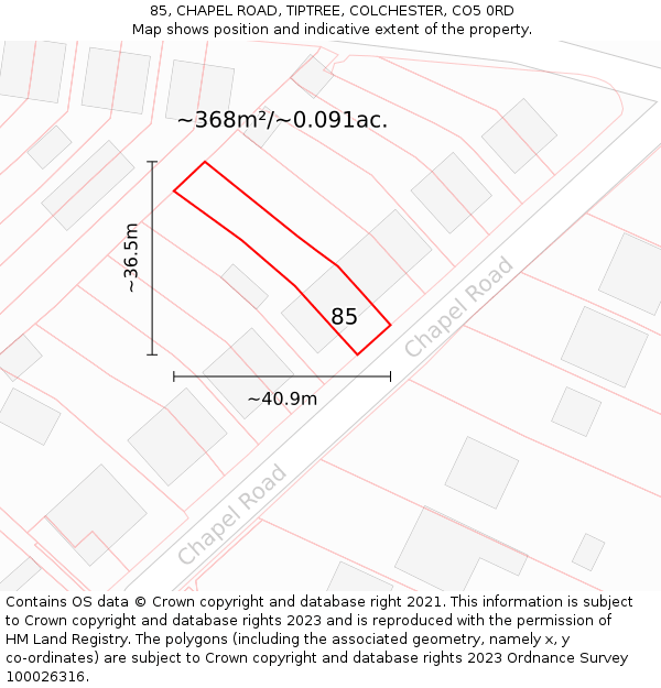85, CHAPEL ROAD, TIPTREE, COLCHESTER, CO5 0RD: Plot and title map