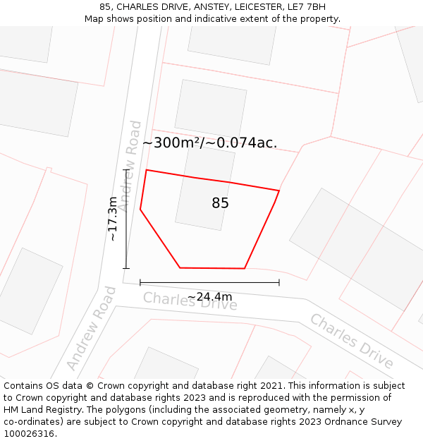 85, CHARLES DRIVE, ANSTEY, LEICESTER, LE7 7BH: Plot and title map