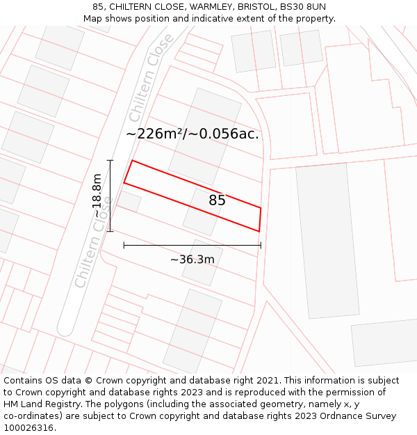 85, CHILTERN CLOSE, WARMLEY, BRISTOL, BS30 8UN: Plot and title map
