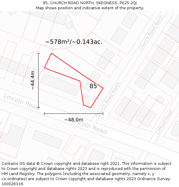 85, CHURCH ROAD NORTH, SKEGNESS, PE25 2QJ: Plot and title map