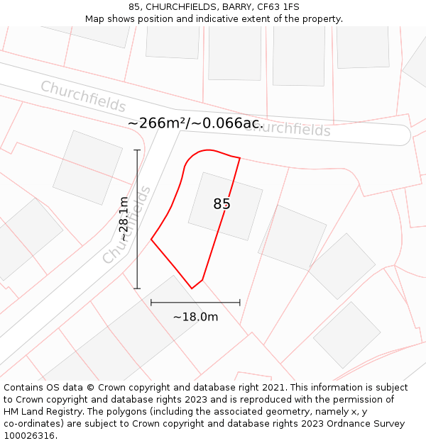 85, CHURCHFIELDS, BARRY, CF63 1FS: Plot and title map