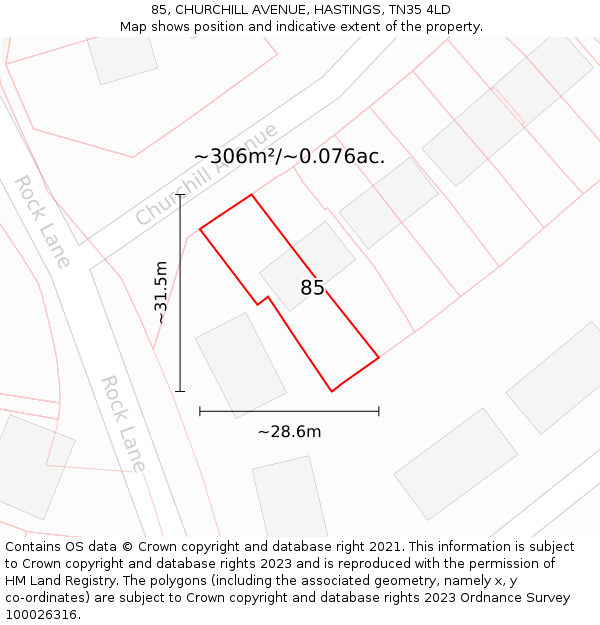 85, CHURCHILL AVENUE, HASTINGS, TN35 4LD: Plot and title map