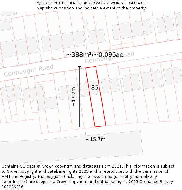 85, CONNAUGHT ROAD, BROOKWOOD, WOKING, GU24 0ET: Plot and title map