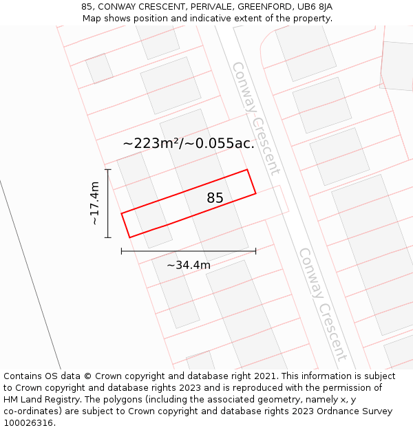 85, CONWAY CRESCENT, PERIVALE, GREENFORD, UB6 8JA: Plot and title map