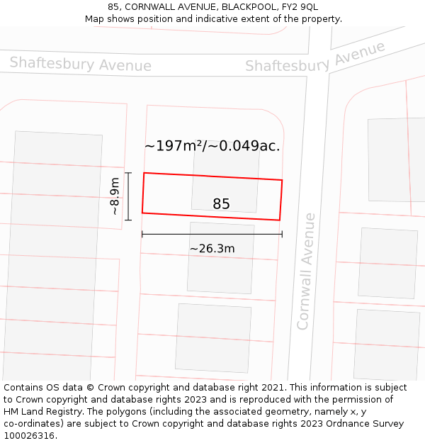 85, CORNWALL AVENUE, BLACKPOOL, FY2 9QL: Plot and title map