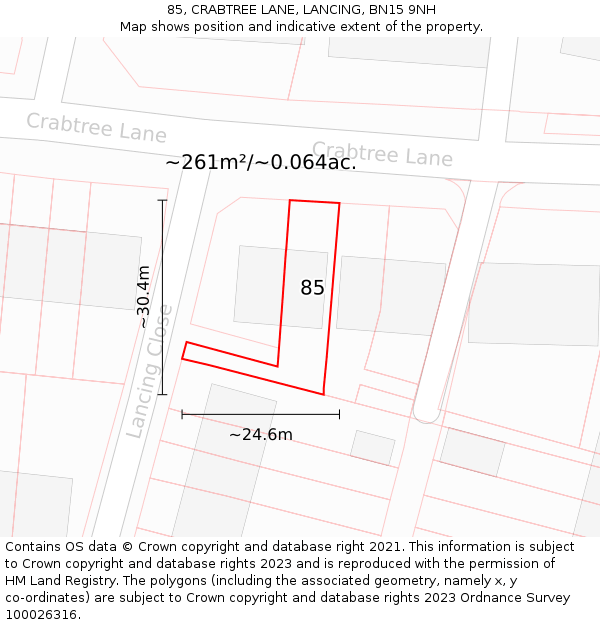 85, CRABTREE LANE, LANCING, BN15 9NH: Plot and title map