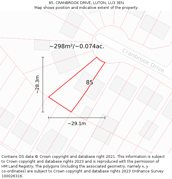 85, CRANBROOK DRIVE, LUTON, LU3 3EN: Plot and title map