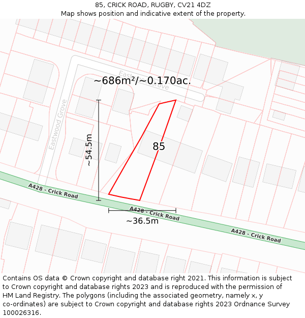85, CRICK ROAD, RUGBY, CV21 4DZ: Plot and title map