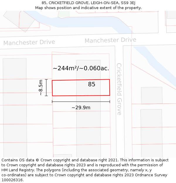 85, CRICKETFIELD GROVE, LEIGH-ON-SEA, SS9 3EJ: Plot and title map