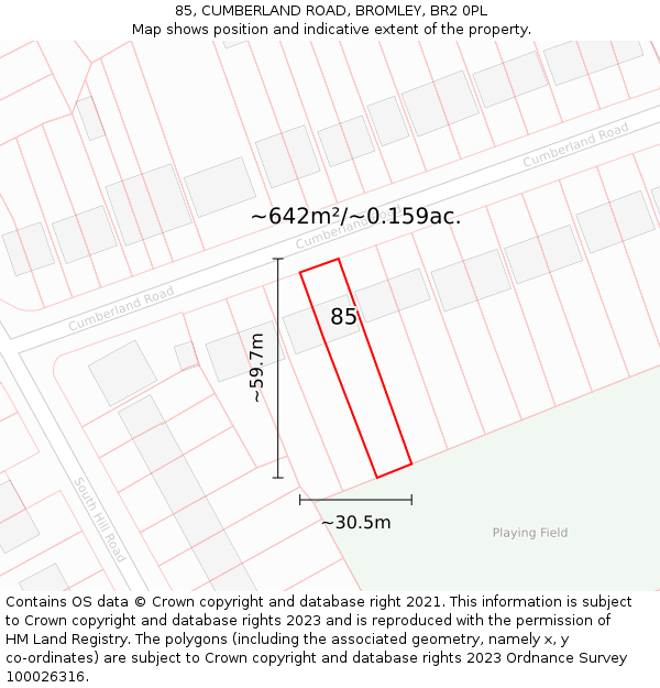 85, CUMBERLAND ROAD, BROMLEY, BR2 0PL: Plot and title map