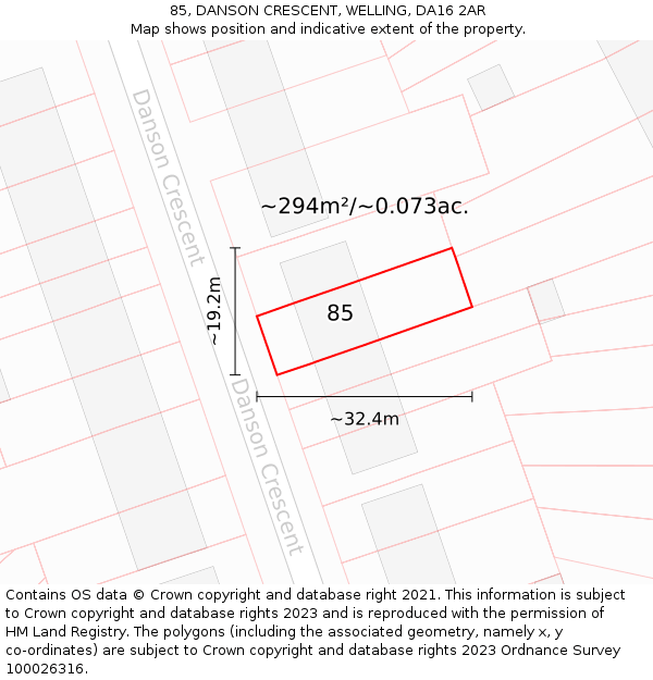 85, DANSON CRESCENT, WELLING, DA16 2AR: Plot and title map