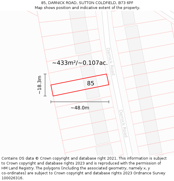 85, DARNICK ROAD, SUTTON COLDFIELD, B73 6PF: Plot and title map