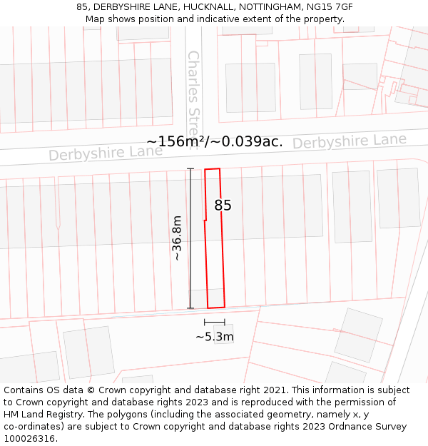 85, DERBYSHIRE LANE, HUCKNALL, NOTTINGHAM, NG15 7GF: Plot and title map