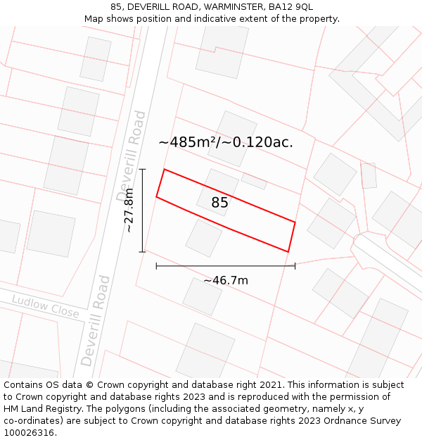 85, DEVERILL ROAD, WARMINSTER, BA12 9QL: Plot and title map