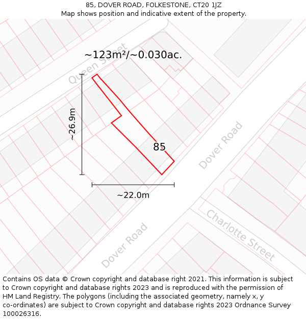 85, DOVER ROAD, FOLKESTONE, CT20 1JZ: Plot and title map