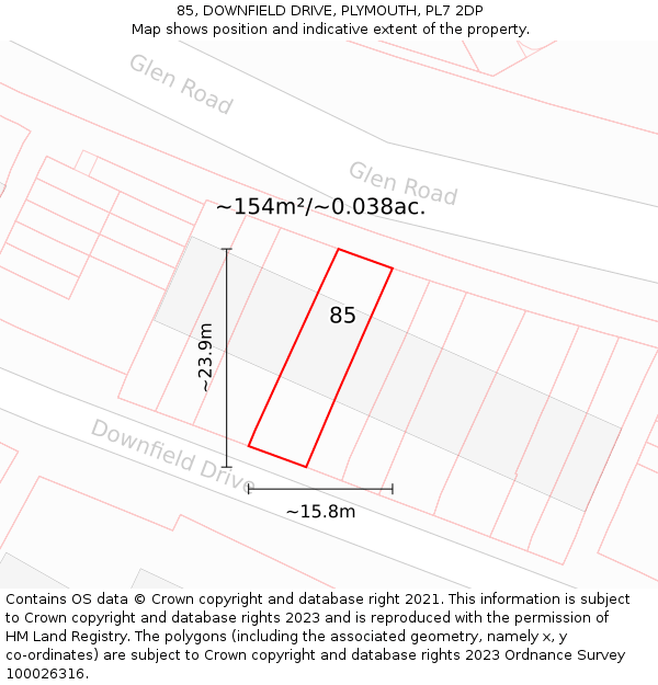85, DOWNFIELD DRIVE, PLYMOUTH, PL7 2DP: Plot and title map