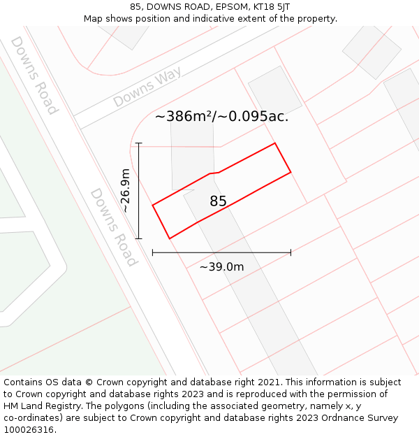 85, DOWNS ROAD, EPSOM, KT18 5JT: Plot and title map