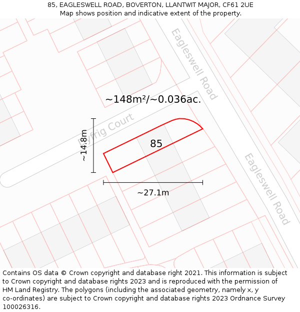 85, EAGLESWELL ROAD, BOVERTON, LLANTWIT MAJOR, CF61 2UE: Plot and title map