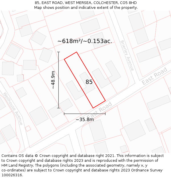 85, EAST ROAD, WEST MERSEA, COLCHESTER, CO5 8HD: Plot and title map
