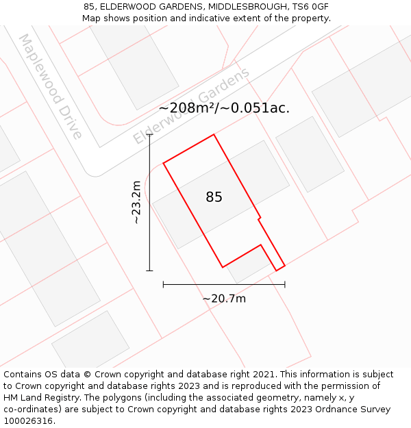 85, ELDERWOOD GARDENS, MIDDLESBROUGH, TS6 0GF: Plot and title map