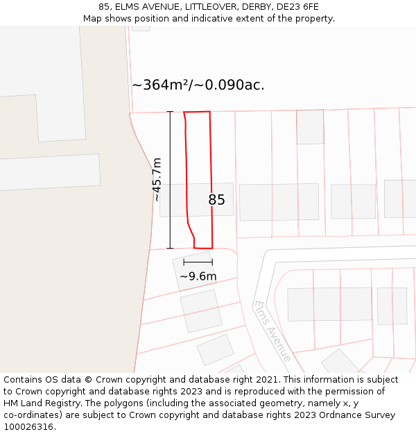 85, ELMS AVENUE, LITTLEOVER, DERBY, DE23 6FE: Plot and title map