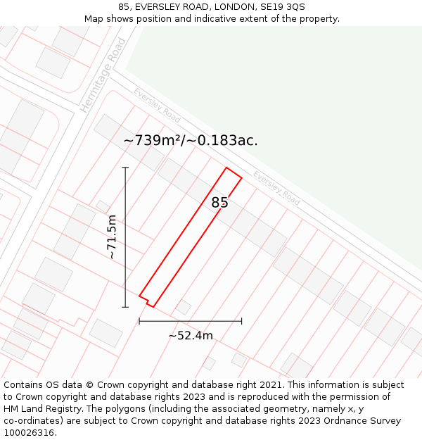 85, EVERSLEY ROAD, LONDON, SE19 3QS: Plot and title map