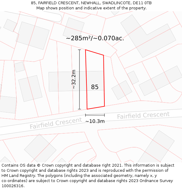 85, FAIRFIELD CRESCENT, NEWHALL, SWADLINCOTE, DE11 0TB: Plot and title map