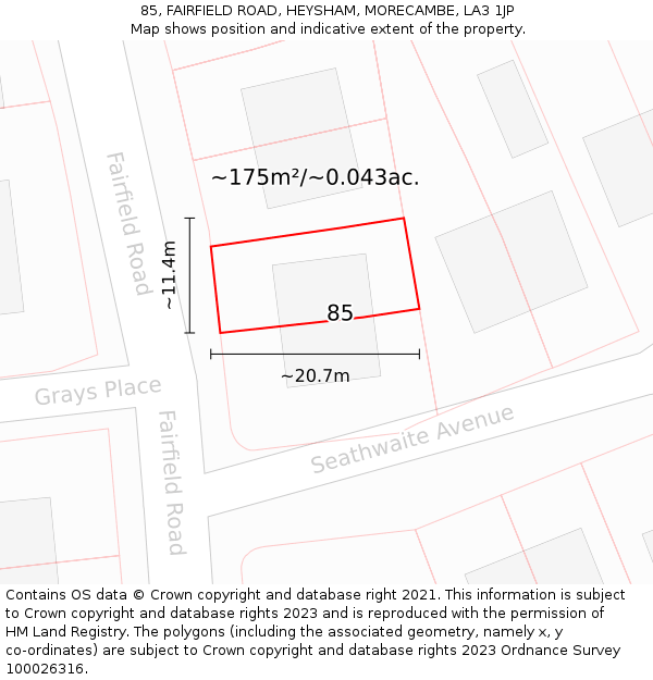 85, FAIRFIELD ROAD, HEYSHAM, MORECAMBE, LA3 1JP: Plot and title map