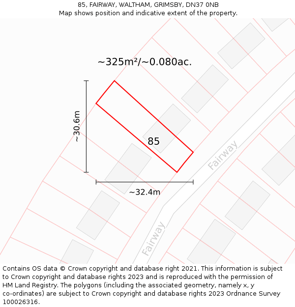 85, FAIRWAY, WALTHAM, GRIMSBY, DN37 0NB: Plot and title map
