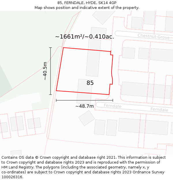 85, FERNDALE, HYDE, SK14 4GP: Plot and title map
