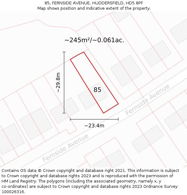 85, FERNSIDE AVENUE, HUDDERSFIELD, HD5 8PF: Plot and title map
