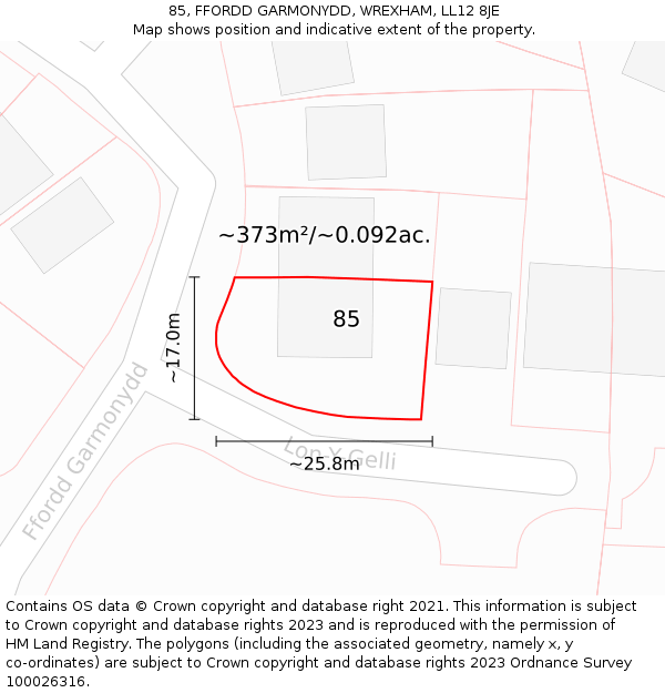 85, FFORDD GARMONYDD, WREXHAM, LL12 8JE: Plot and title map