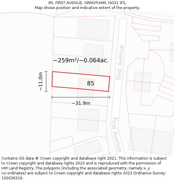 85, FIRST AVENUE, GRANTHAM, NG31 9TL: Plot and title map
