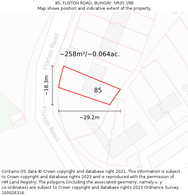 85, FLIXTON ROAD, BUNGAY, NR35 1RB: Plot and title map