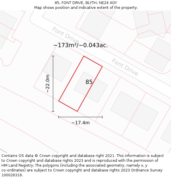 85, FONT DRIVE, BLYTH, NE24 4GY: Plot and title map