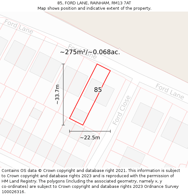 85, FORD LANE, RAINHAM, RM13 7AT: Plot and title map