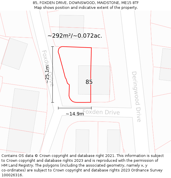 85, FOXDEN DRIVE, DOWNSWOOD, MAIDSTONE, ME15 8TF: Plot and title map
