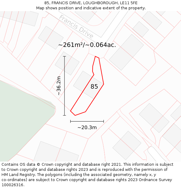 85, FRANCIS DRIVE, LOUGHBOROUGH, LE11 5FE: Plot and title map