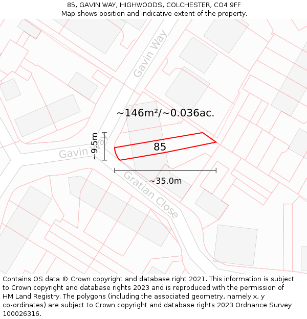 85, GAVIN WAY, HIGHWOODS, COLCHESTER, CO4 9FF: Plot and title map
